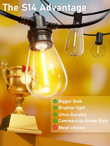 Vista 3 de Jerritte - Cadena de luces LED para exteriores de 60 pies con 16+1 bombillas Edison inastillables IP65 impermeables, 2700K regulables, luces