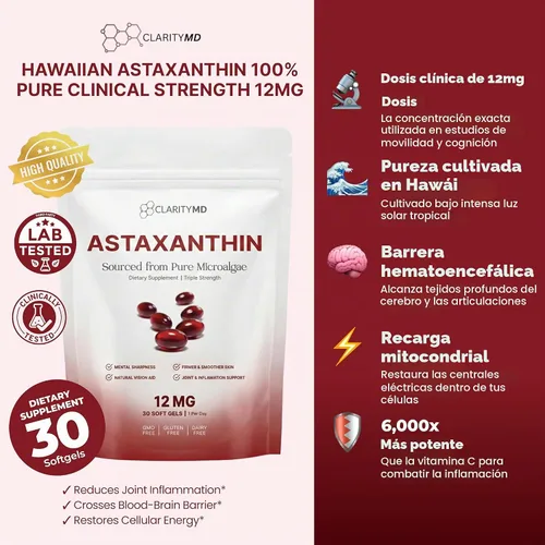Vista 5 de Astaxantina Suplemento antioxidante de 12 mg – Fuente natural de microalgas – Softgel a base de lípidos para una mayor absorción – Apoyo cognitivo