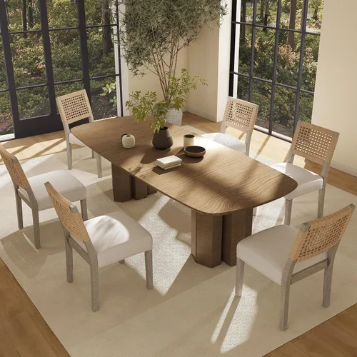 Vista 14 de Juego de 2 sillas de comedor de granja, sillas de comedor tapizadas con respaldo tejido a mano, asiento acolchado suave y patas de madera Beige