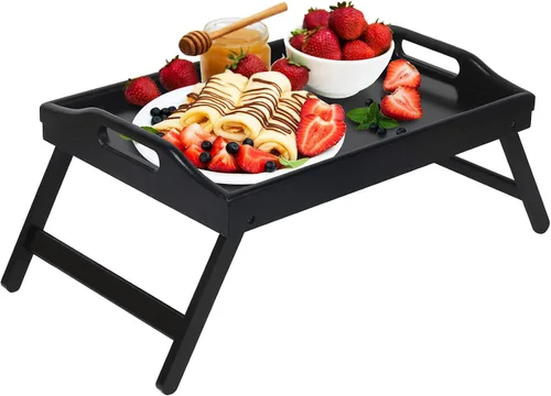 Vista 12 de Artmeer Mesa Bandeja de Cama con Patas Plegables, Bandeja de Desayuno de Bambú con Asas Ideal para Sofá, Cama, Comer, Trabajar, Usada Como