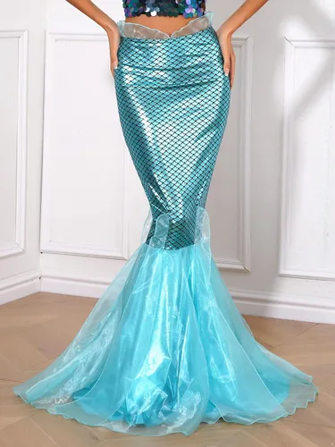 Vista 2 de FEESHOW Falda larga de lentejuelas brillantes para mujer, disfraz de Halloween, cola de sirena