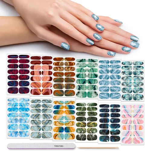 Vista 9 de 12 hojas de tiras de esmalte de uñas, autoadhesivas, calcomanías de uñas de gel, envolturas completas para mujeres y niñas, diseño de grafiti, cielo