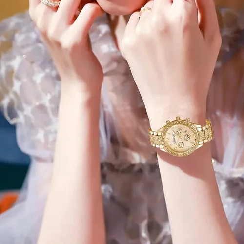 Vista 2 de Reloj de cuarzo unisex con diamantes de cristal flotantes de lujo con pulsera de eslabones de acero inoxidable Rose gold