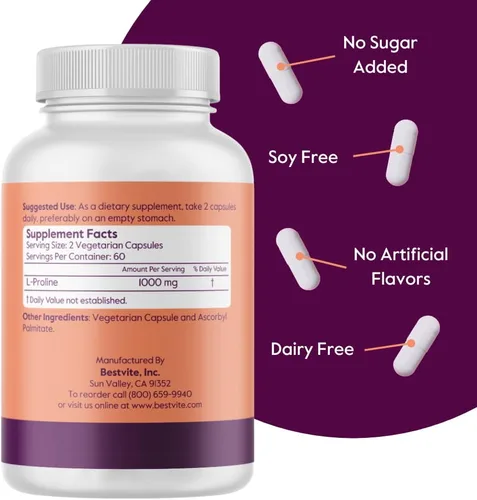 Vista 3 de BESTVITE L-Proline 500mg (120 cápsulas vegetarianas) - Sin estearatos - Sin rellenos - Vegano - Sin gluten - Sin OMG