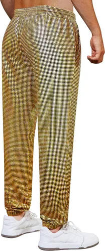 Vista 5 de WULFUL Pantalones deportivos metálicos para hombre, disfraz de discoteca de los años 70, con lentejuelas