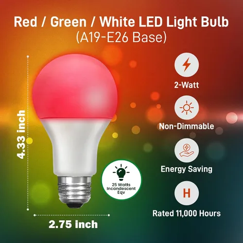 Vista 3 de Bombilla LED automática que cambia de color – Ciclos automáticamente entre rojo/verde/blanco cada 5 segundos – A19, E26, 2 W, bombilla LED de porche