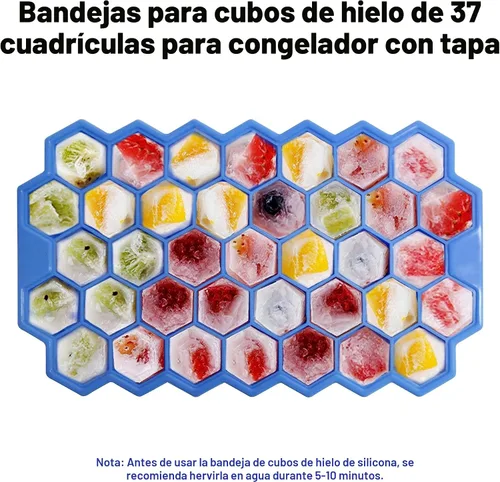 Vista 3 de Bandejas de cubitos de hielo para congelador con tapa-37 cuadrícula de silicona para moldes pequeños de cubitos de hielo, fácil de liberar y Azul