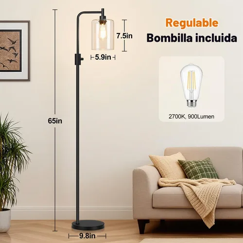 Vista 7 de 【Actualizada】Lámpara de pie regulable para sala de estar con pantalla de vidrio, lámpara de pie industrial moderna negra con bombilla LED de 900LM