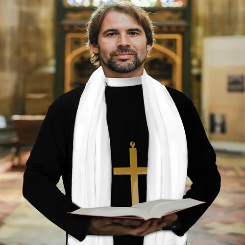 Vista 5 de Jiuguva Disfraz de sacerdote de 3 piezas para hombres adultos, disfraz de sacerdote de Halloween con bata de padre, estola blanca, cruz de monje