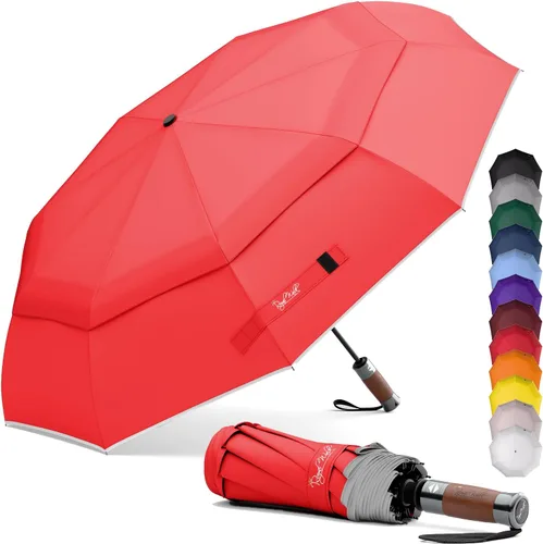 Vista 14 de Royal Walk Paraguas plegable resistente al viento, viaje compacto y fuerte, lujoso, mango de madera real, apertura y cierre automático, doble toldo