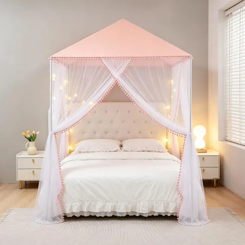 Vista 6 de Akiky Mosquitera para niñas con castillo de princesa pompón para interiores y exteriores, red para cama para niños, no incluye postes de cama Rosa