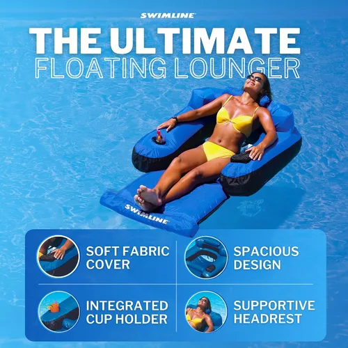 Vista 2 de Swimline ORIGINAL - Colchoneta cubierta de tela para piscina, balsa flotante definitiva para adultos y niños Respaldo, reposabrazos y reposapiés