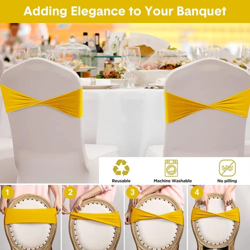 Vista 4 de Frienda 120 cintas elásticas de elastano para silla, bandas elásticas para fundas de silla, lazos sin hebilla para bodas, recepciones, eventos, Oro