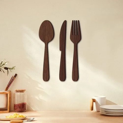 Vista 3 de DOITOOL 1 juego de utensilios de cocina de madera rústica para decoración de pared, con encantador, tenedor, cuchara y cuchillo, decoración