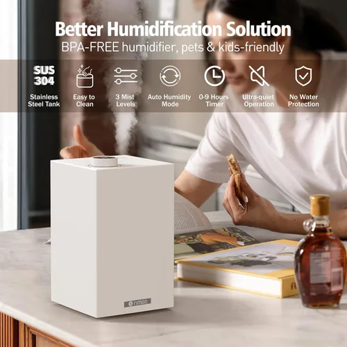 Vista 2 de Humidificador de acero inoxidable, humidificadores de niebla fría con solo 3 piezas, fácil de limpiar, humidificador de llenado superior