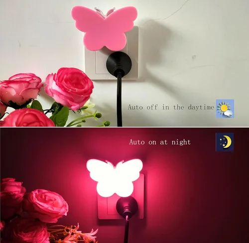 Vista 4 de 2 luces LED de mariposa para niños, lámpara de luz nocturna enchufable a la pared con sensor inteligente del atardecer al amanecer, idea