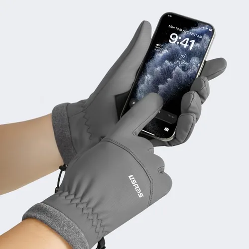 Vista 5 de Winter Thermal Cycling Gloves, Windproof Faux Leather with Adjustable Drawstring & Touchscreen Fingers, Non-Slip Grip for Cold Weather Biking, Black