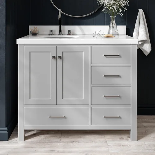 Vista 26 de ARIEL Cambridge tocador de baño con fregadero, madera maciza, encimera y protector contra salpicaduras de cuarzo blanco puro de 1.5 pulgadas