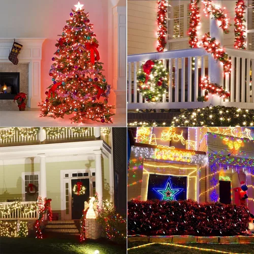 Vista 5 de WATERGLIDE Luces de Navidad C6, 100 luces LED de 33 pies, guirnalda de luces facetadas de alambre verde con adaptador seguro, 8 modos