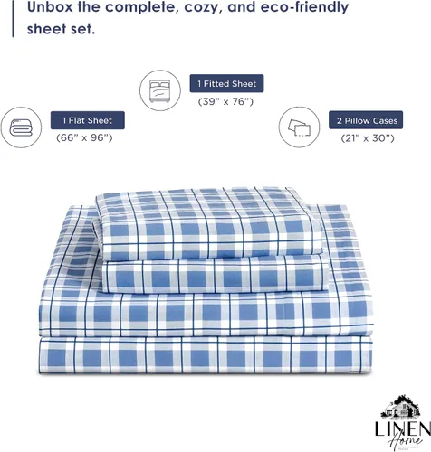 Vista 6 de Linen Home - Juego de sábanas estampadas mezcla de algodón percal y lyocell, prelavadas, individual, 3 piezas, 1 encimera, 1 bajera de bolsillo