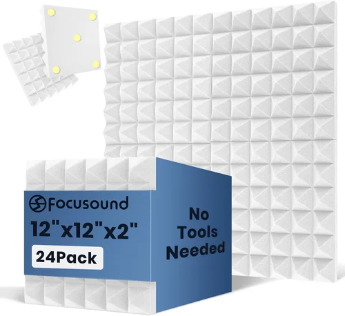 Vista 12 de Paneles acústicos, paquete de 24 unidades de 2 x 12 x 12 pulgadas con 120 adhesivos de doble cara, espuma piramidal a prueba de sonido para paredes