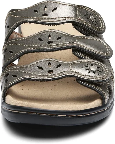Vista 5 de Sandalias clásicas de cuero para mujer, sandalias casuales con soporte de arco, correas ajustables de gancho y bucle, zapatos para exteriores 2024