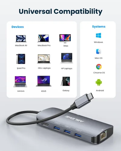 Vista 11 de ABLEWE USB C Hub Ethernet, Hub USB C multipuerto a HDMI, Adaptador USBC 8 en 1 de 4K@60Hz, 1000Mbps, PD de 100W, 3 puertos USB 3.0, estación