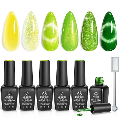 Vista 11 de Beetles - Juego de esmaltes de gel blanco y negro, 6 colores plateados, ojo de gato, purpurina brillante con imán, arte de uñas UV LED, hogar, salón
