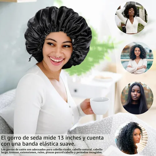 Vista 4 de Gorro de seda de satén para cabello rizado, gorro trenzado para dormir, para mujer, grande, doble capa ajustable (2 unidades, negro)