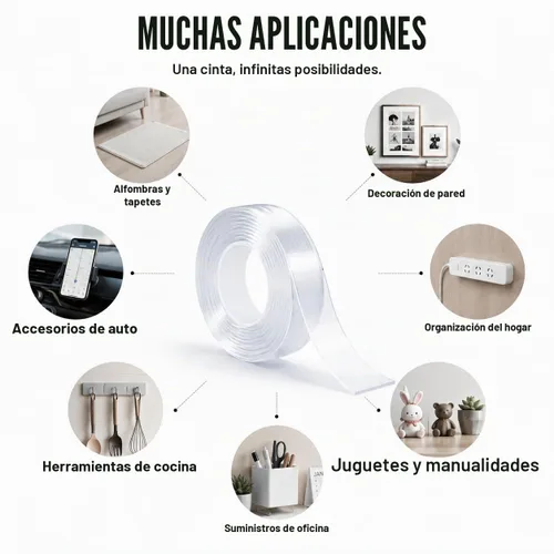 Vista 5 de Cinta nano doble cara resistente 1/2 '' × 10 pies extraíble lavable sin