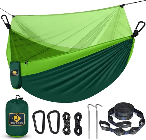 Vista 17 de Qevooon Hamaca de camping con red, hamacas ligeras portátiles de viaje con correas para árboles y mosquetones sólidos en forma de D, hamaca de Negro
