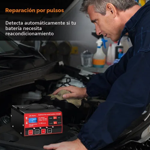 Vista 4 de Outerman - Cargador de batería de automóvil, 12 V, 24 V, de plomo-ácido, pantalla LCD, mantenimiento automático de batería inteligente