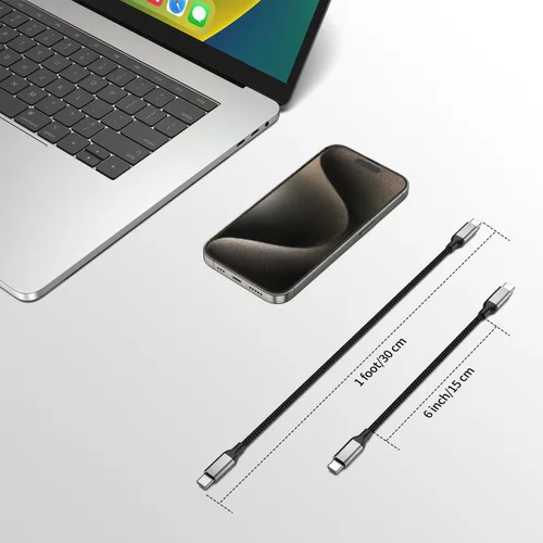 Vista 9 de Cable corto de carga rápida USB C a USB C de 1 pie, paquete de 3