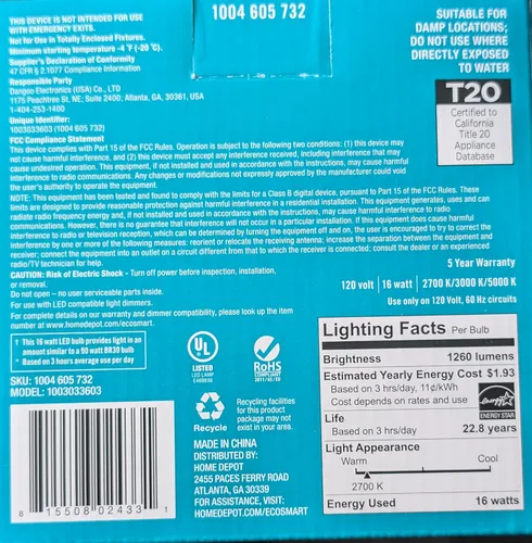 Vista 2 de Bombilla LED regulable Ecosmart (22 años) equivalente a 90 vatios BR30 (paquete de 2)
