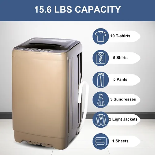 Vista 4 de Lavadora automática de 15.6 libras con 10 programas, pantalla LED, 8 niveles de agua, lavadora compacta de alta eficiencia para apartamento, RV