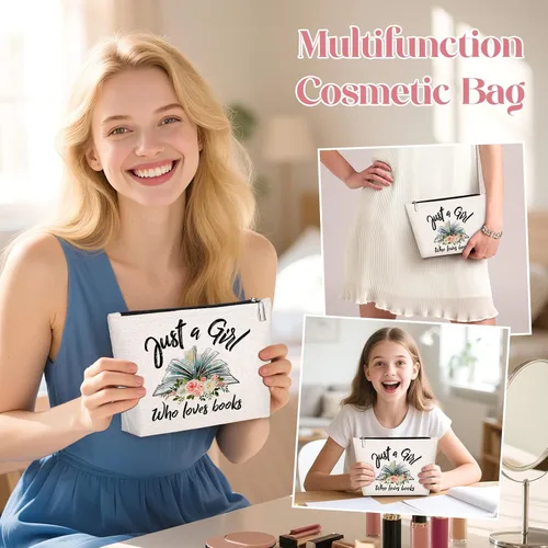 Vista 4 de GevGuxLuo Bolsa de maquillaje para mujer, Beige, Girl Loves Books