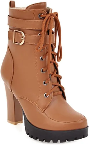 Vista 11 de MIOKE Botines de tacón alto con plataforma y puntera redonda para mujer, con cordones, cremallera y tacón alto grueso, botines cortos Forro