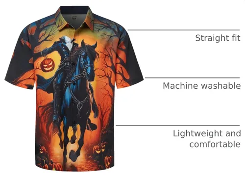 Vista 32 de Camisa de Halloween para Hombre de Hardaddy, de Manga Corta, con Botón, con Estampado Gracioso, Camisa Casual Negro