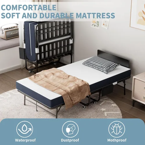 Vista 6 de Cama plegable, camas portátiles de 75 x 31 pulgadas para adultos, marco de metal resistente y resistente, cama plegable con ruedas