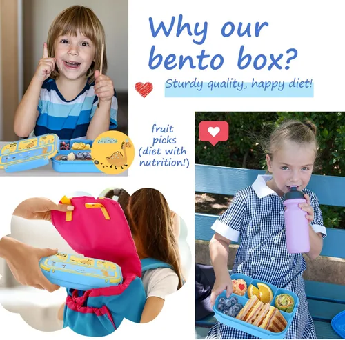Vista 7 de Lonchera para niños, lonchera Bento para niñas y niños, para la escuela, contenedores de almuerzo para adultos y niños con 4 compartimentos