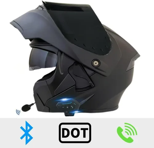 Vista 2 de Casco de motocicleta con Bluetooth, casco modular de motocicleta con Bluetooth, aprobado por DOT, doble visera, abatible, con Bluetooth, casco