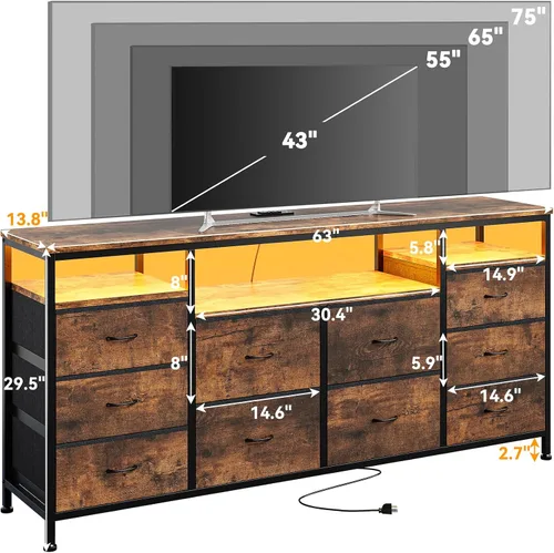 Vista 3 de Cómoda moderna de 10 cajones para soporte de TV de dormitorio Marrón rústico