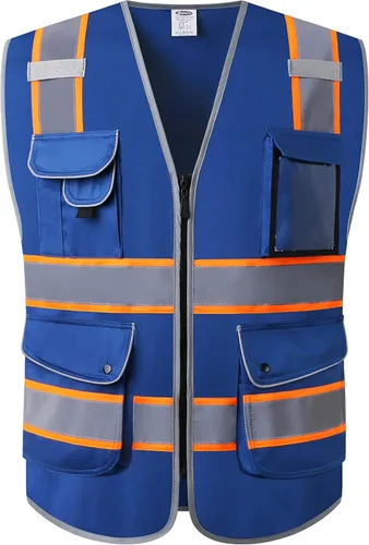 Vista 18 de JKSafety Chaleco de seguridad frontal con cremallera de alta visibilidad Clase 2 de 9 bolsillos con tiras reflectantes, cumple con las normas