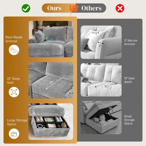 Vista 8 de Sofá modular sin hueso de 122 pulgadas con almacenamiento, sofá nube en forma de U con asiento extra profundo, sofás seccionales de pana de 6 plazas