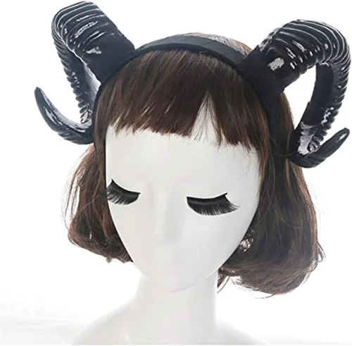 Vista 3 de YuDanae Black Antlers Sheep Horn Gothic Steampunk Devil Demon Horns Headband for Halloween Costume Photo Props
