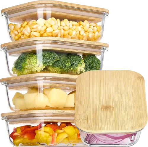 Vista 9 de Vtopmart Recipientes de vidrio para almacenamiento de alimentos con tapas de bambú, paquete de 4 recipientes de vidrio para preparación de comidas