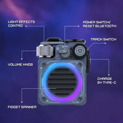 Vista 3 de Muzen Cyber Cube - Altavoz Bluetooth, Bluetooth 5.0, altavoz portátil con Fidget Spinner, sonido nítido con luz LED RGB, altavoz inalámbrico