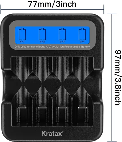 Vista 5 de Kratax Cargador de batería inteligente para baterías de litio recargables AA o AAA de voltaje constante de 1.5 V, 2.5 h de carga rápida, no para uso