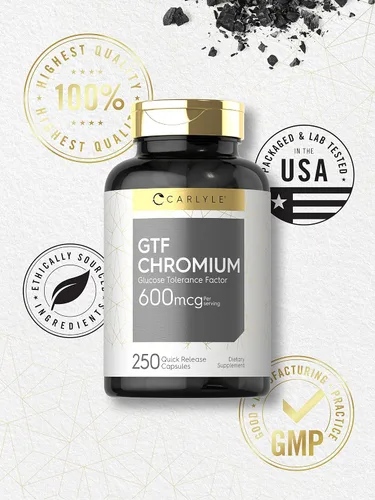 Vista 6 de Carlyle Suplemento de cromo GTF 600 mcg 250 cápsulas Factor de tolerancia a la glucosa Fórmula sin OMG y sin gluten