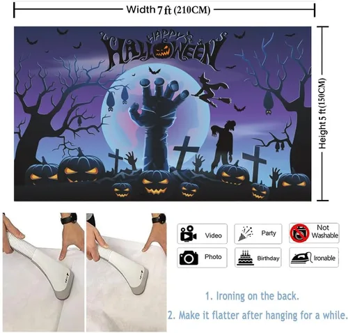 Vista 2 de Telón de fondo de Halloween de 7 x 5 pies, pancarta de fondo de noche de terror para fiesta de Halloween, calabaza, luna, rama de árbol seco